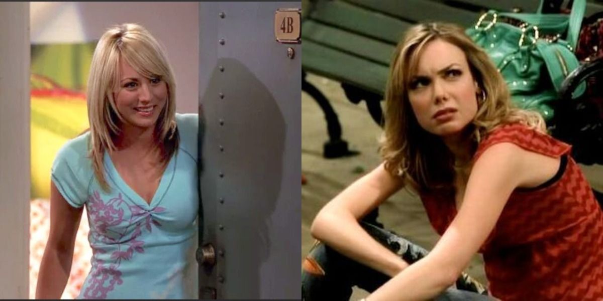Split image showing Penny standing and smiling in her doorway in TBBT pilot and Katie sitting on the curb looking angry in the unaired pilot