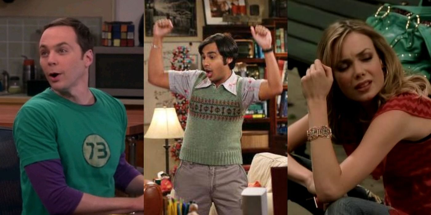 Split image of Sheldon, Raj and Penny from the pilot of Big Bang Theory