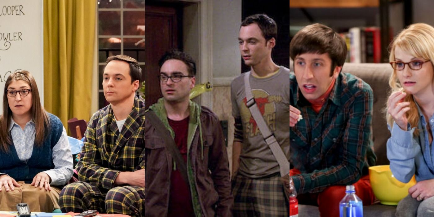 Collage showing Amy sitting with Sheldon, Leonard and Sheldon outside their apartment in the pilot, and Howard watching TV with Bernadette in TBBT