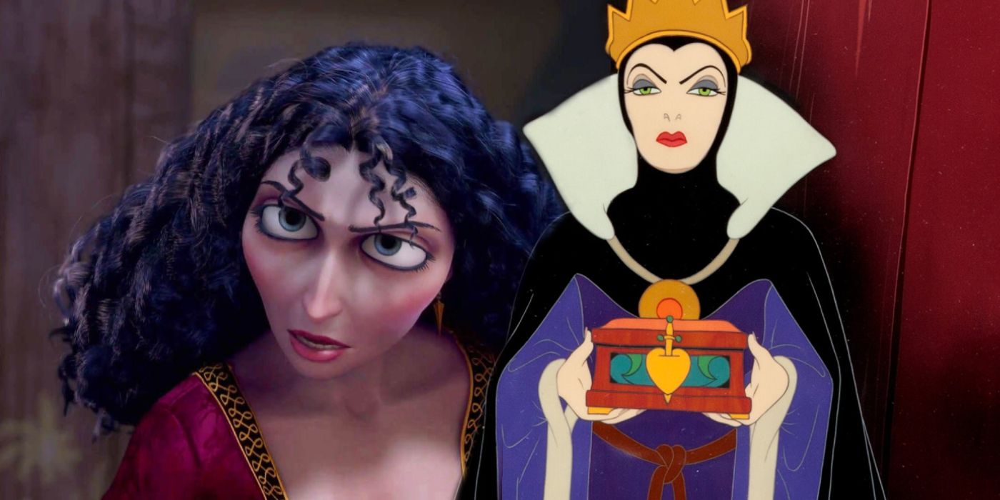 A blended image features Tangled's Gothel and Snow White's Evil Queen