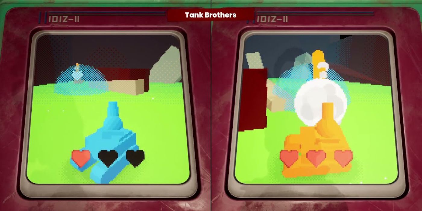 Two screens showing pixelated tanks on a field in Tank Brothers in It Takes Two.