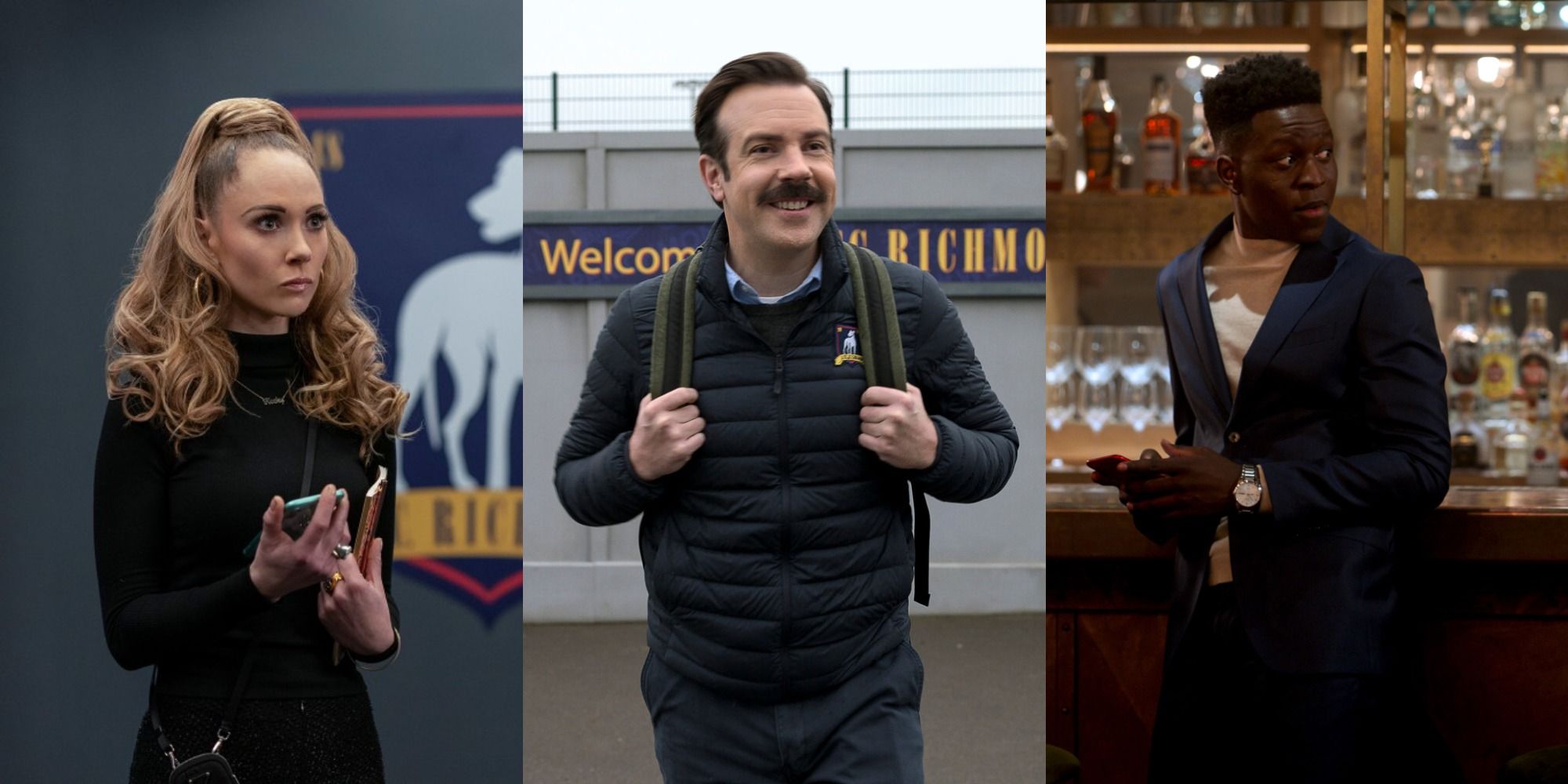 Split image of Keeley, Ted, and Sam in Ted Lasso