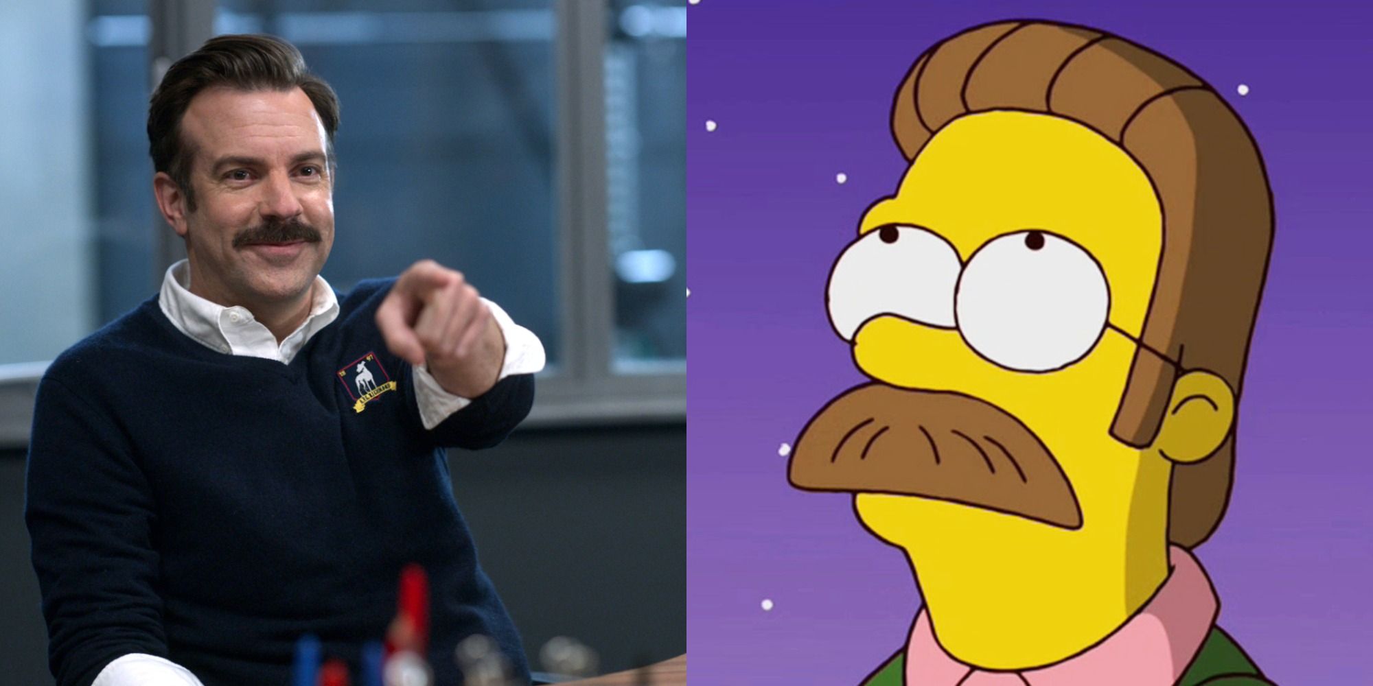 Split image of Ted Lasso and Ned Fladers in The Simpsons