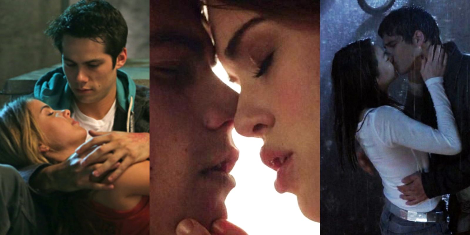 Split image of Stiles and Malia, Stiles and Lydia, and Scott and Kira from Teen Wolf