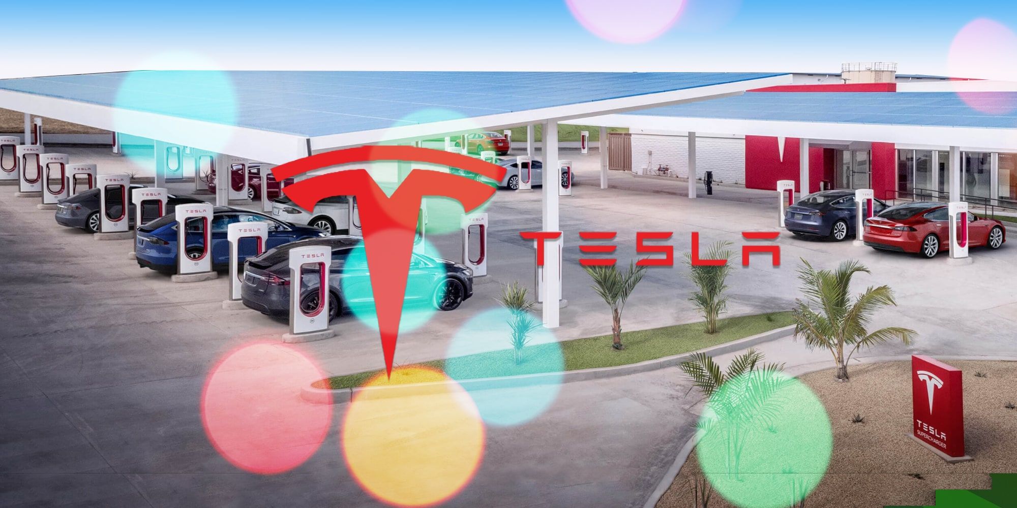 Tesla Holiday Bokeh Over Supercharging Station