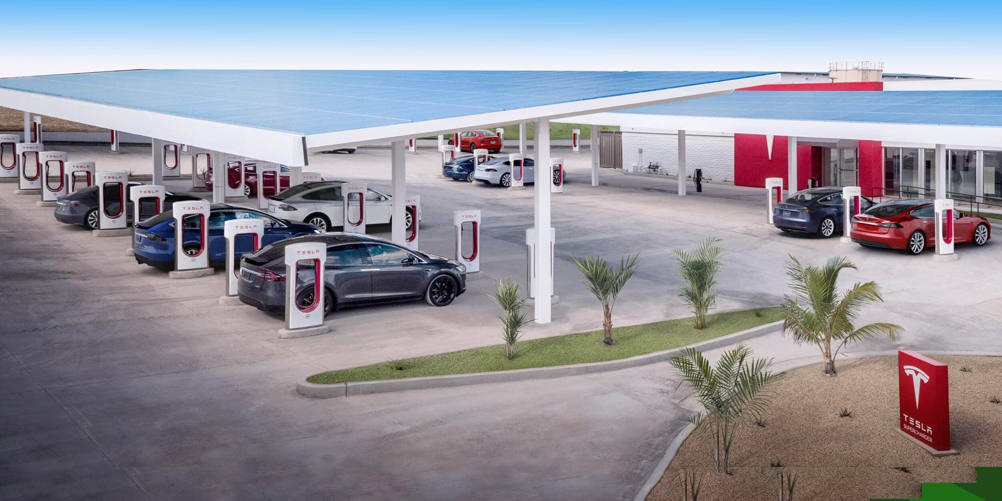 Tesla Supercharger Station Large Many Stalls