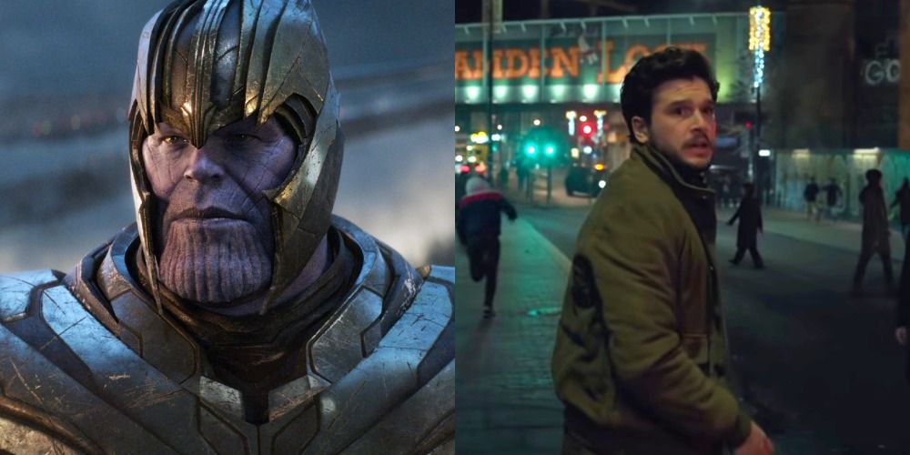 Split image of Thanos in armor and Kit Harington running in Eternals