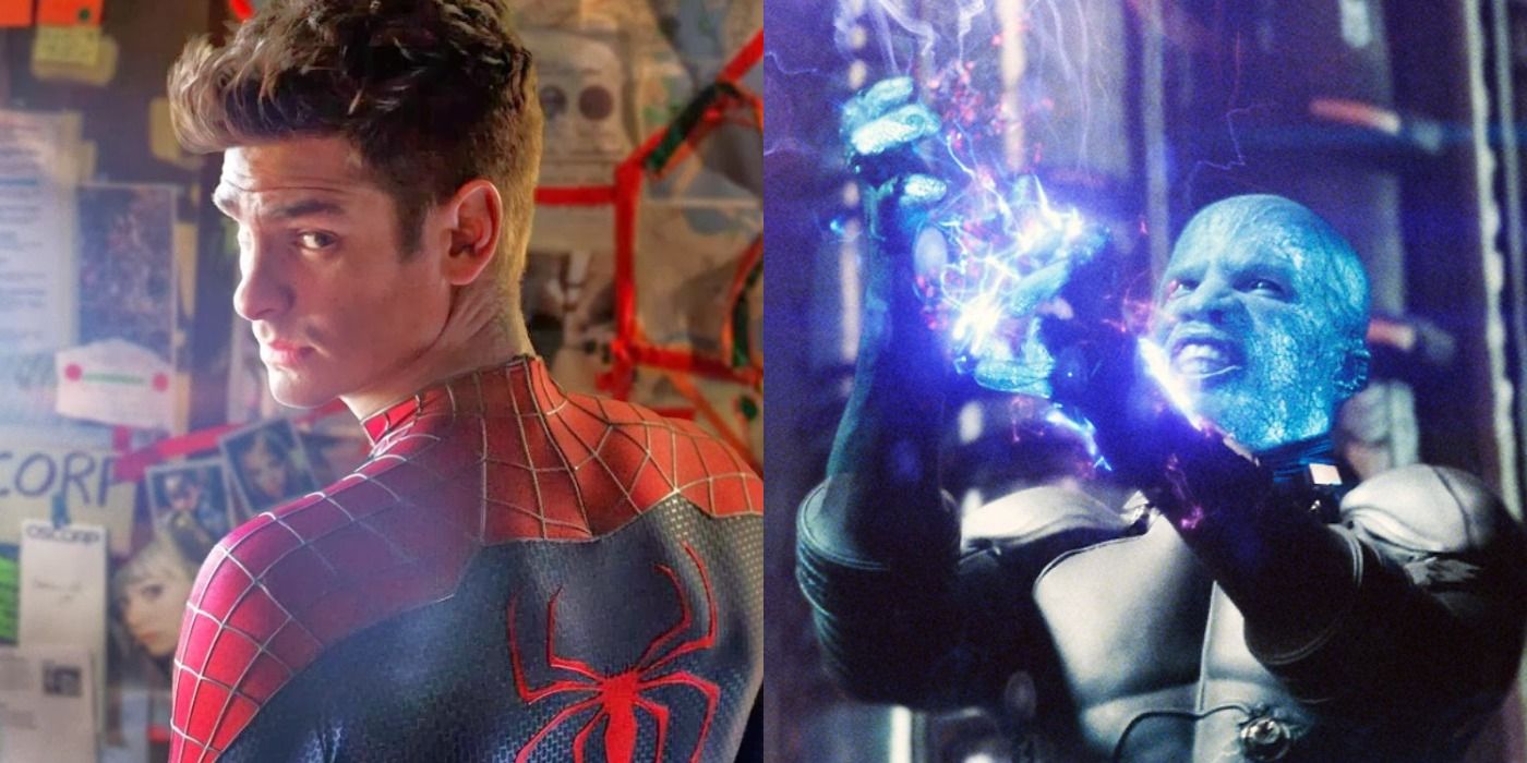 Split image: Unmasked Spider-Man turns around/ Electro uses his powers