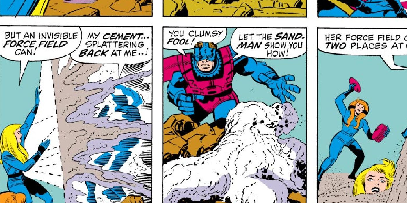 The Android Sandman attacks the Fantastic Four in Marvel Comics.