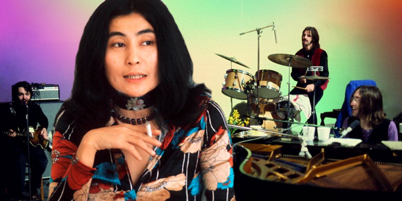 Yoko Ono with The Beatles in the background