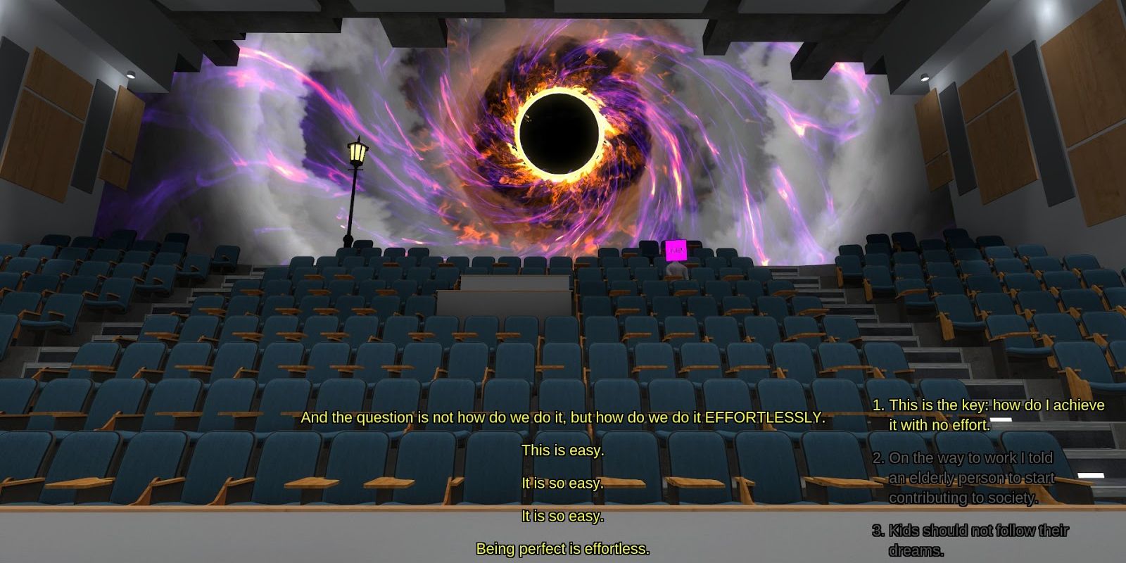 A swirling vortex appears in an empty auditorium in the video game The Beginner's Guide.