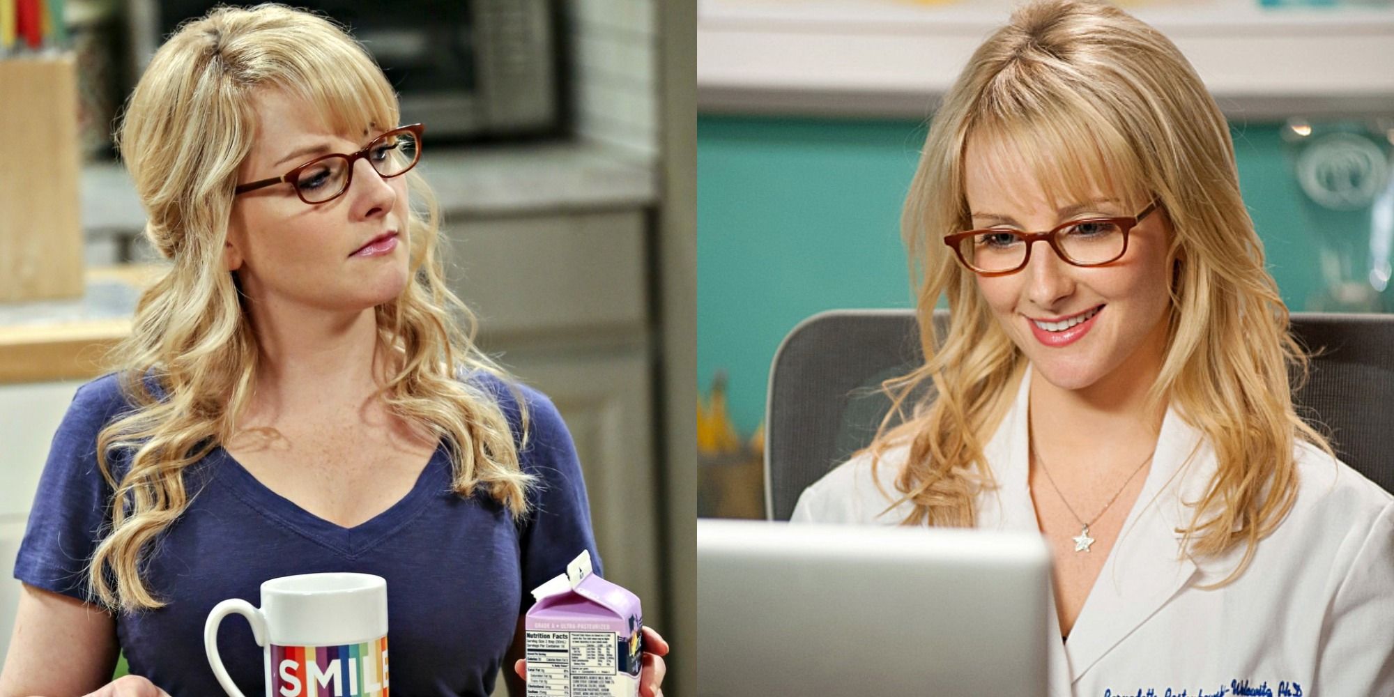 Split image showing Bernadette angry and working in TBBT