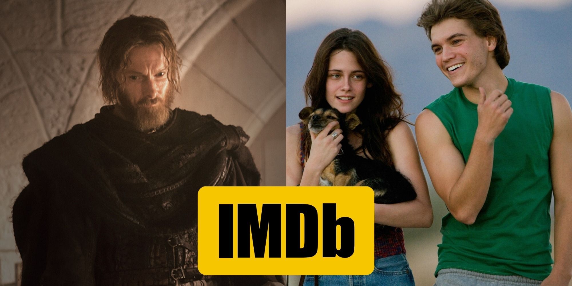 Split image of Sean Harris smiling in The Borgias & Kristen Stewart laughing with a boy in Into the Wild.