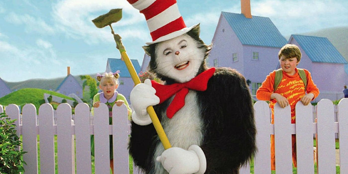 The Cat in the hat holds a garden hoe while Sally and Conrad watch
