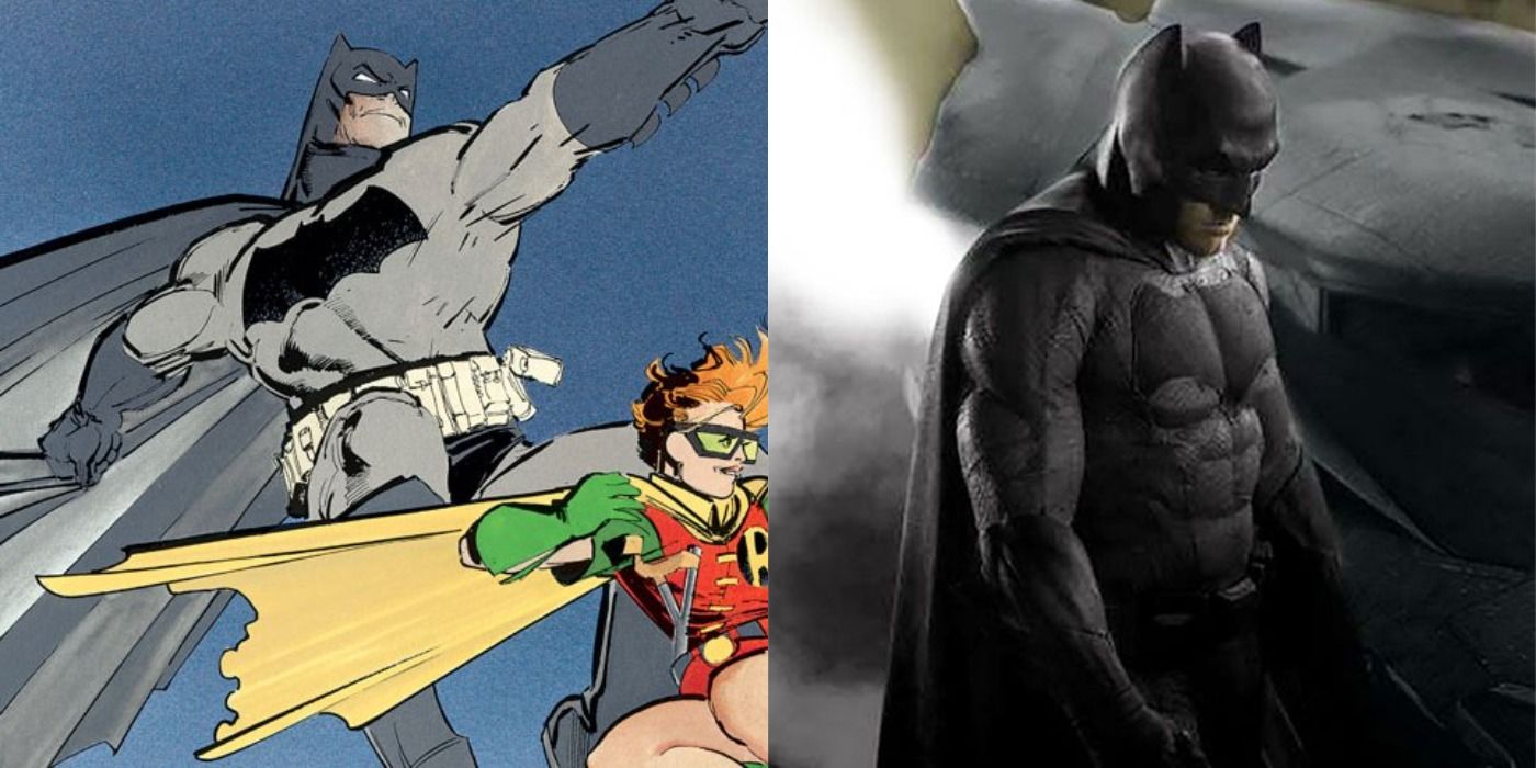 Split image showing Batman and Robin in The Dark Knight Returns and Batman in Batman V. Superman