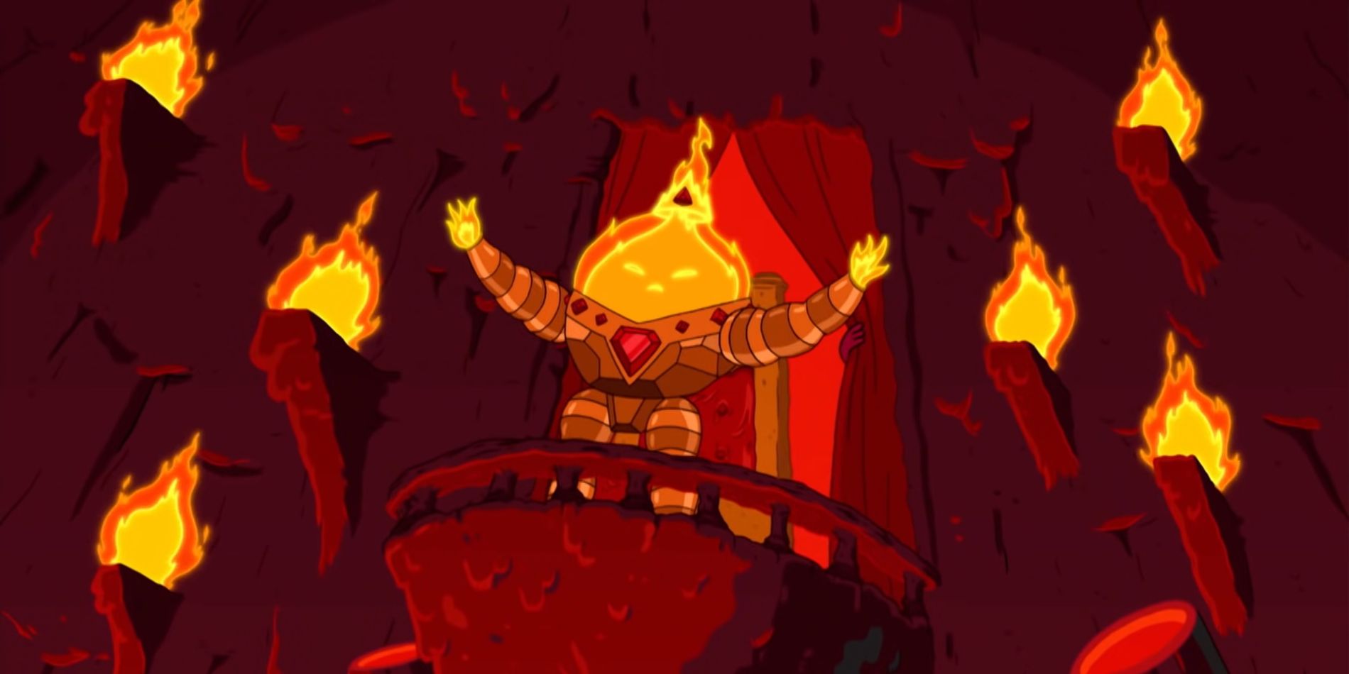The Flame King holding out his arms on a balcony in Adventure Time