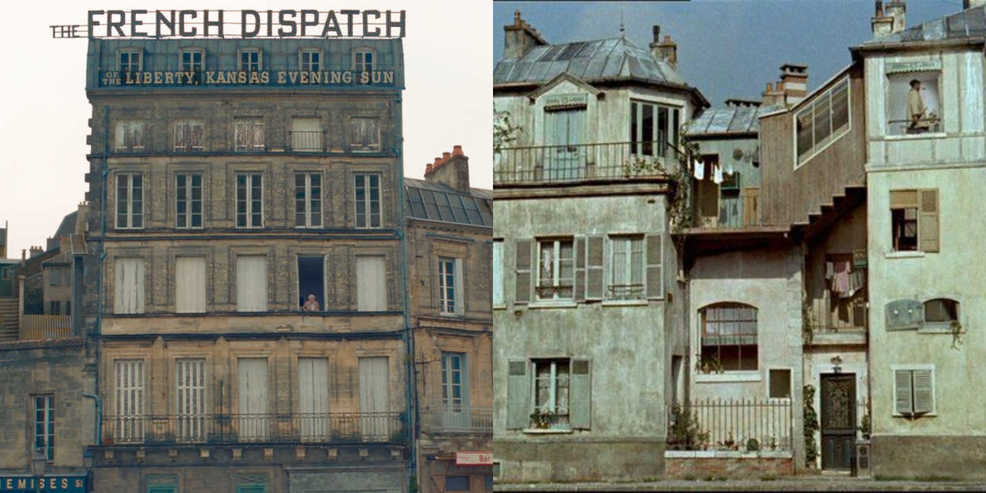 Split image showing scenes from The French Dispatch and Mon Uncle