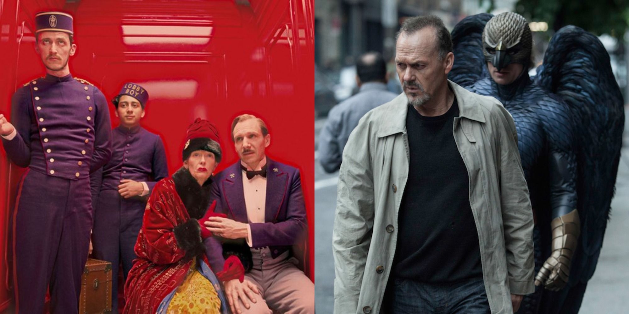 Split image showing scenes from The Grand Budapest Hotel and Birdman