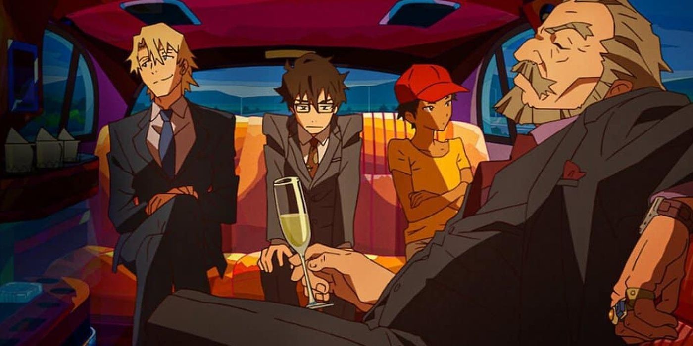 Four male characters aboard a limusine in the anime The Great Pretender
