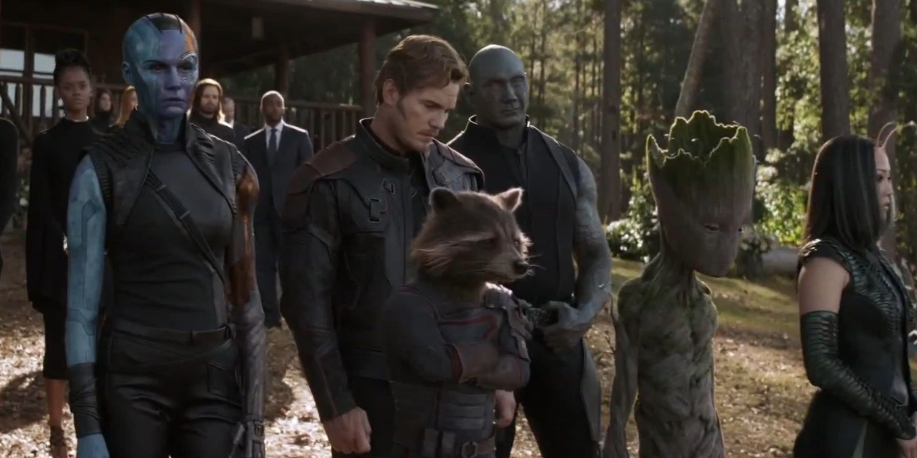 The Guardians of the Galaxy at Tony Stark's funeral in Avengers Endgame