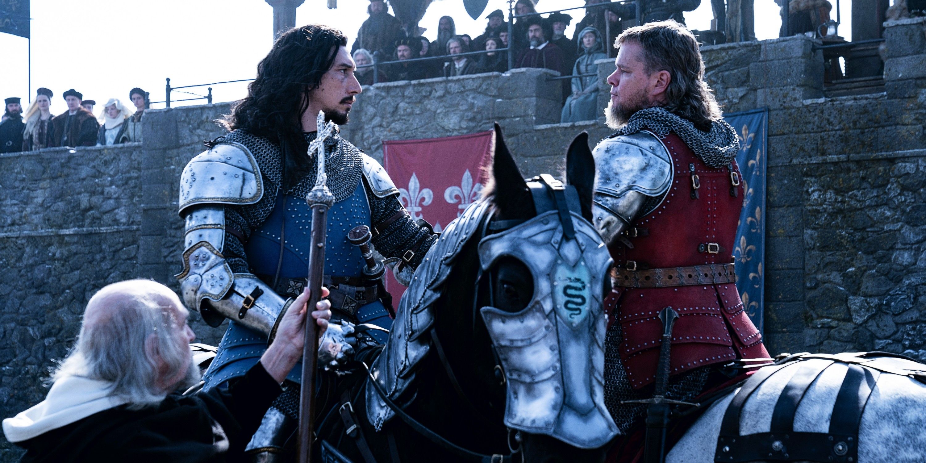 An image of Matt Damon and Adam Driver facing off in The Last Duel