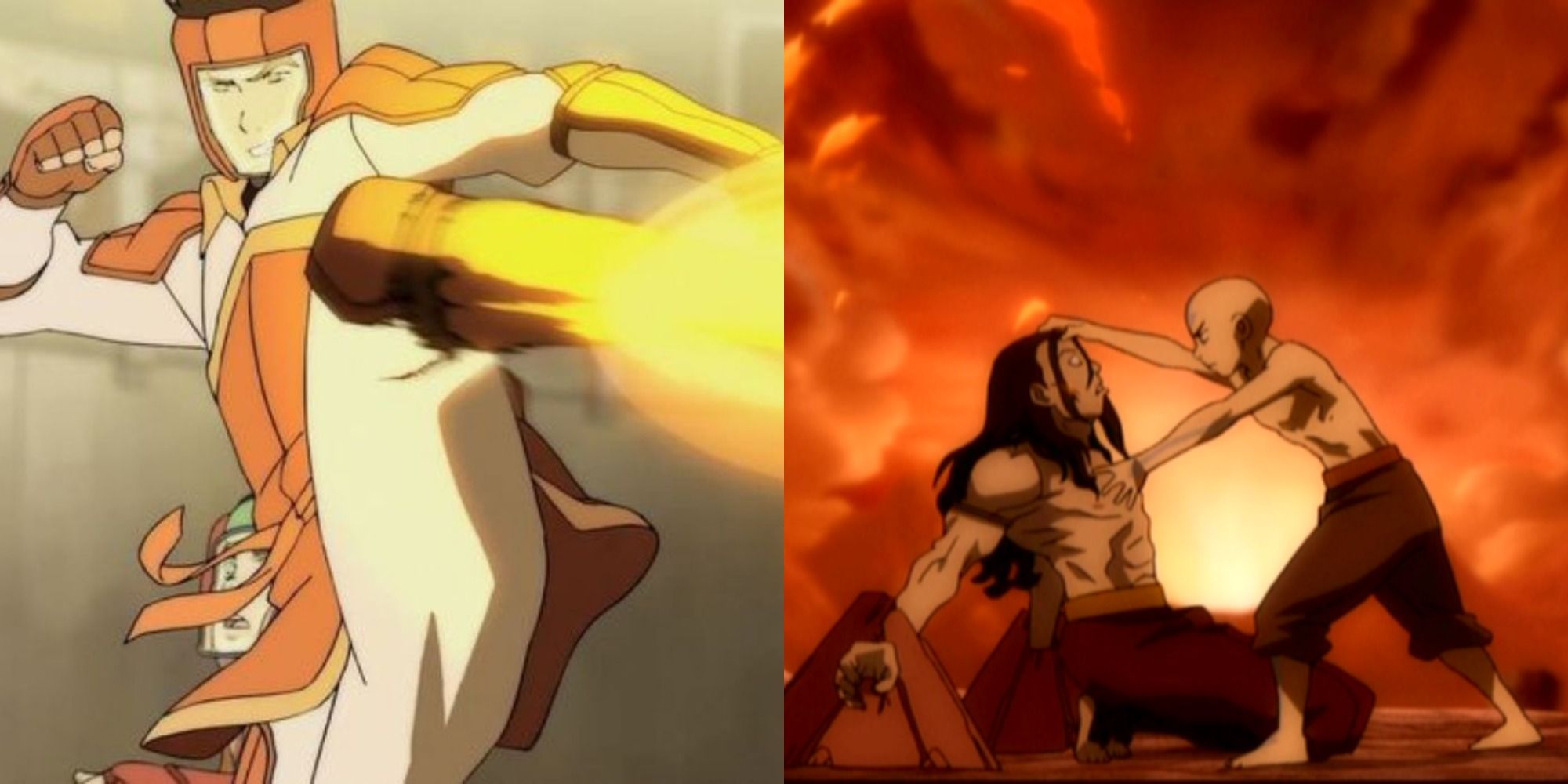Two side by side images from Avatar the Last Airbender with Mako and Aang vs Ozai.