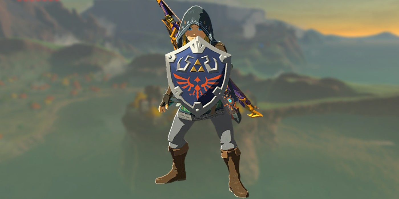 Link holding the Hylian Shield in Legend of Zelda: Breath of the Wild