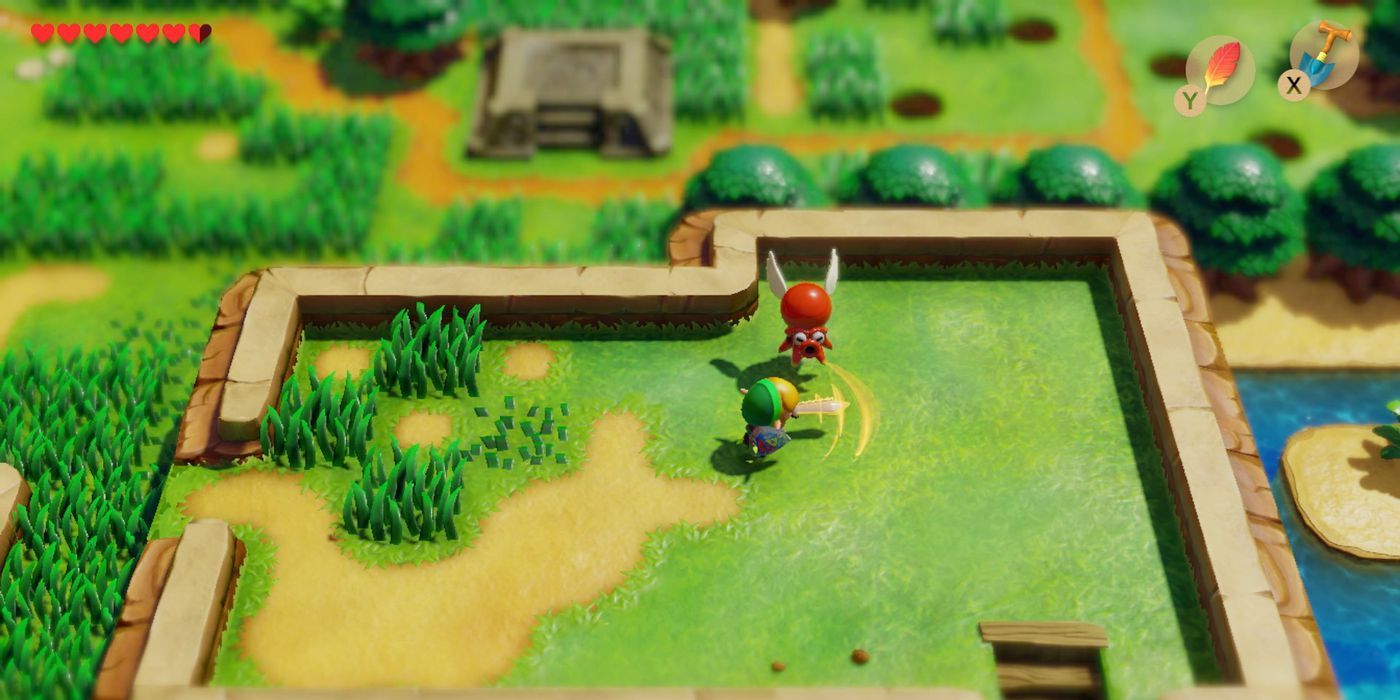 Link walks around a green field in The Legend of Zelda: Link's Awakening.