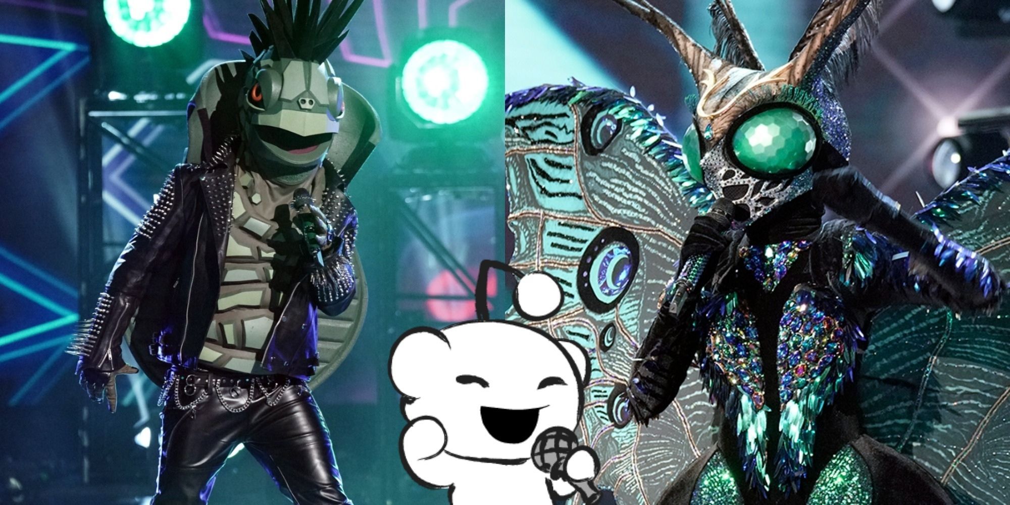 Split image showing the Turtle and Buttergly singing on The Masked Singer, and Snoo from Reddit with a microphone