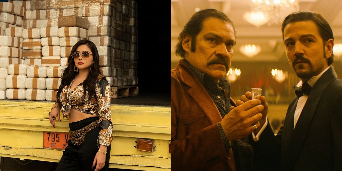 Split image showing Isabella next to a truck full of cocaine and Guadalajara cartel members attending a wedding in Narcos Mexico