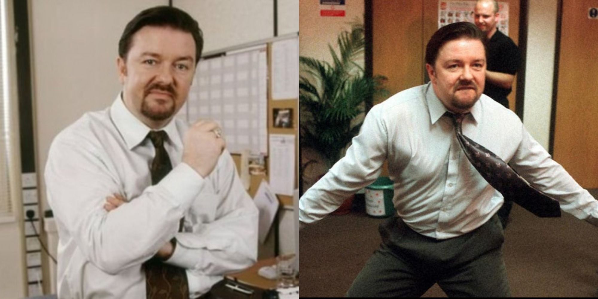 Split image: David Brent with arms crossed, David Brent dancing in The Office UK.