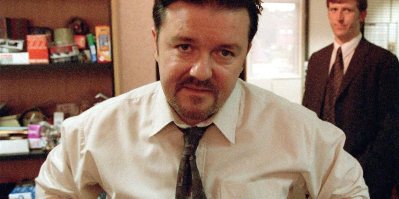 David Brent looking at the camera with a resigned expression in The Office UK