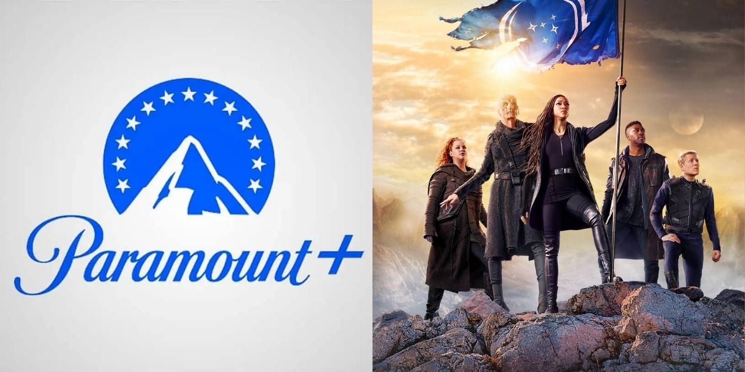 The Paramount Plus logo and the cast of Star Trek Discovery planting a flag
