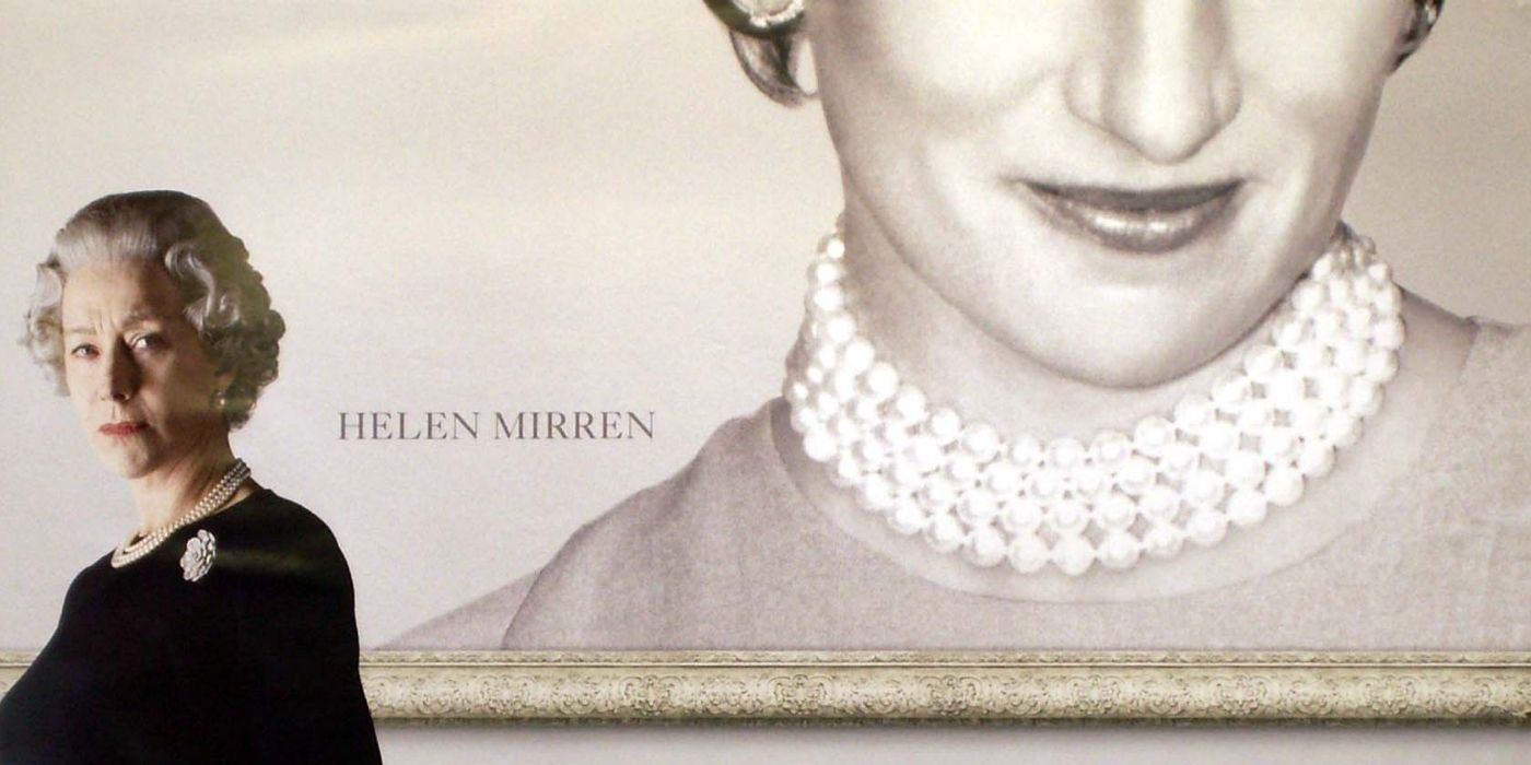 Poster for The Queen featuring Helen Mirren and an image of Princess Diana and Queen Elizabeth standing on a side.