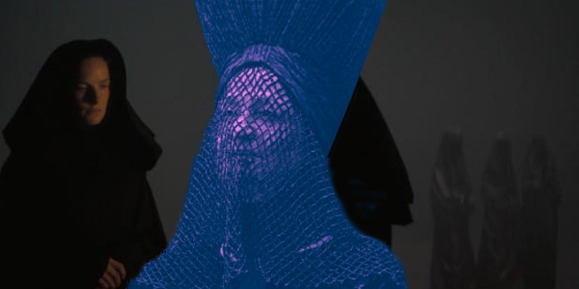 The Reverend Mother (Charlotte Rampling) in front of an image of Lady Jessica (Rebecca Ferguson) in Dune (2021)