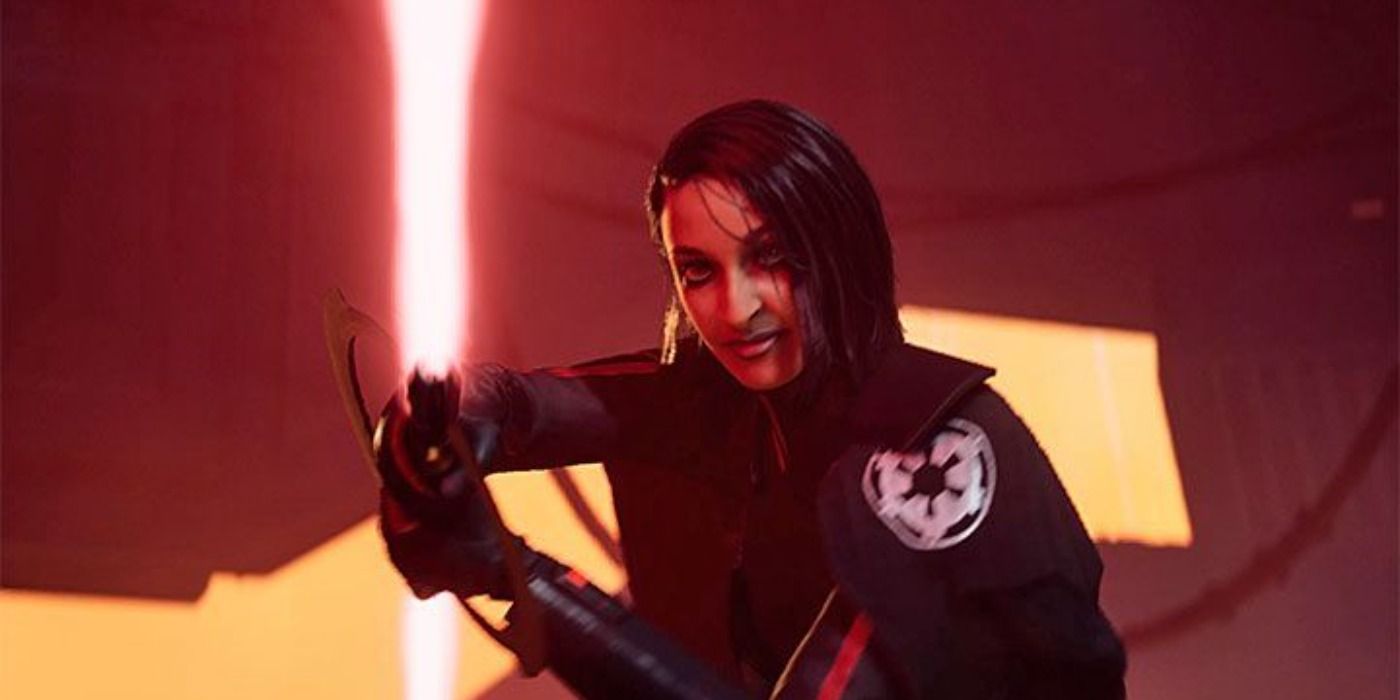 The Second Sister Trilla wields her lightsaber and faces Cal in Jedi Fallen Order
