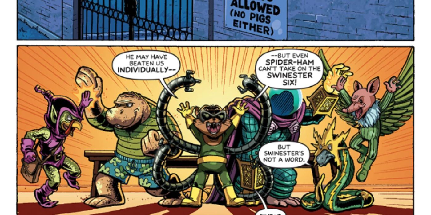 The Sinister Swine attacks in Spider-Ham comics.