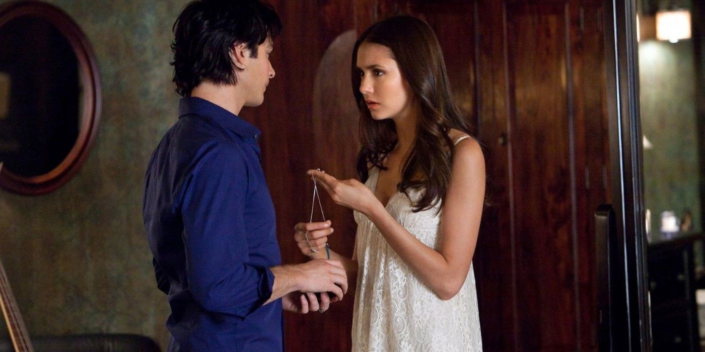 Damon and Elena talking to each other in The Vampire Diaries
