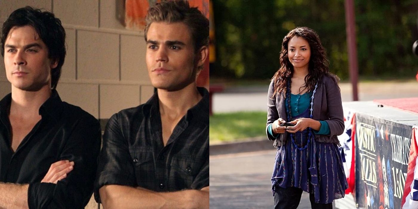 Split image of Damon and Stefan looking serious and Bonnie standing outside on The Vampire Diaries