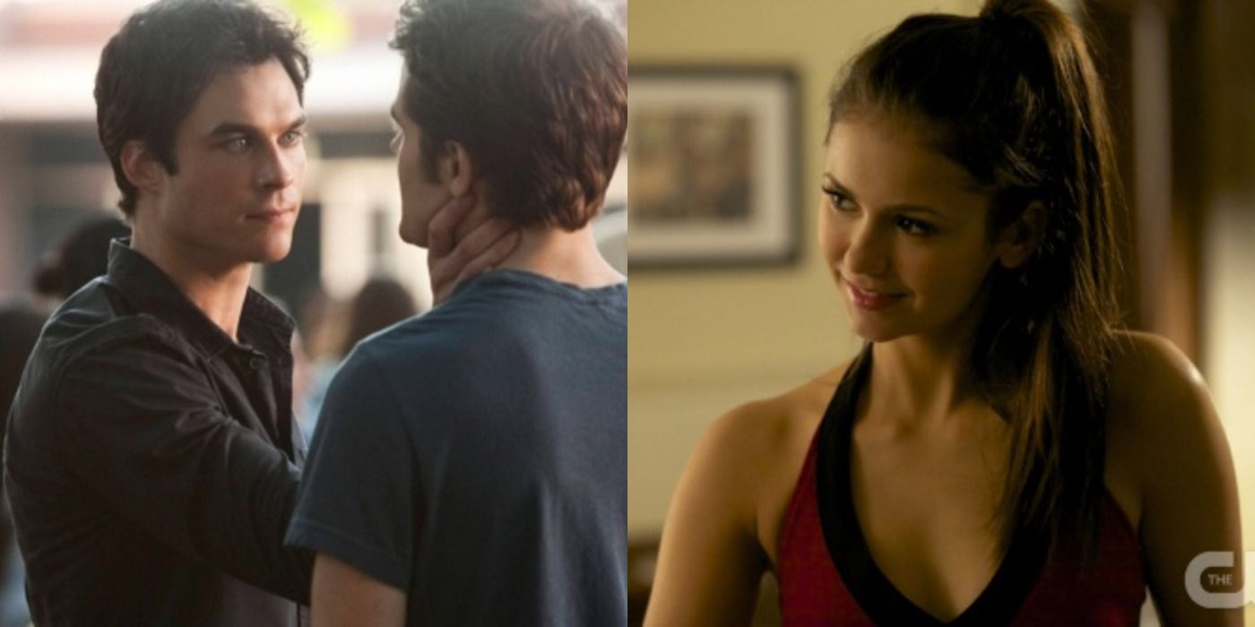 Split image: Damon grabs Stefan by the throat/ Elena smiles maliciously to her right