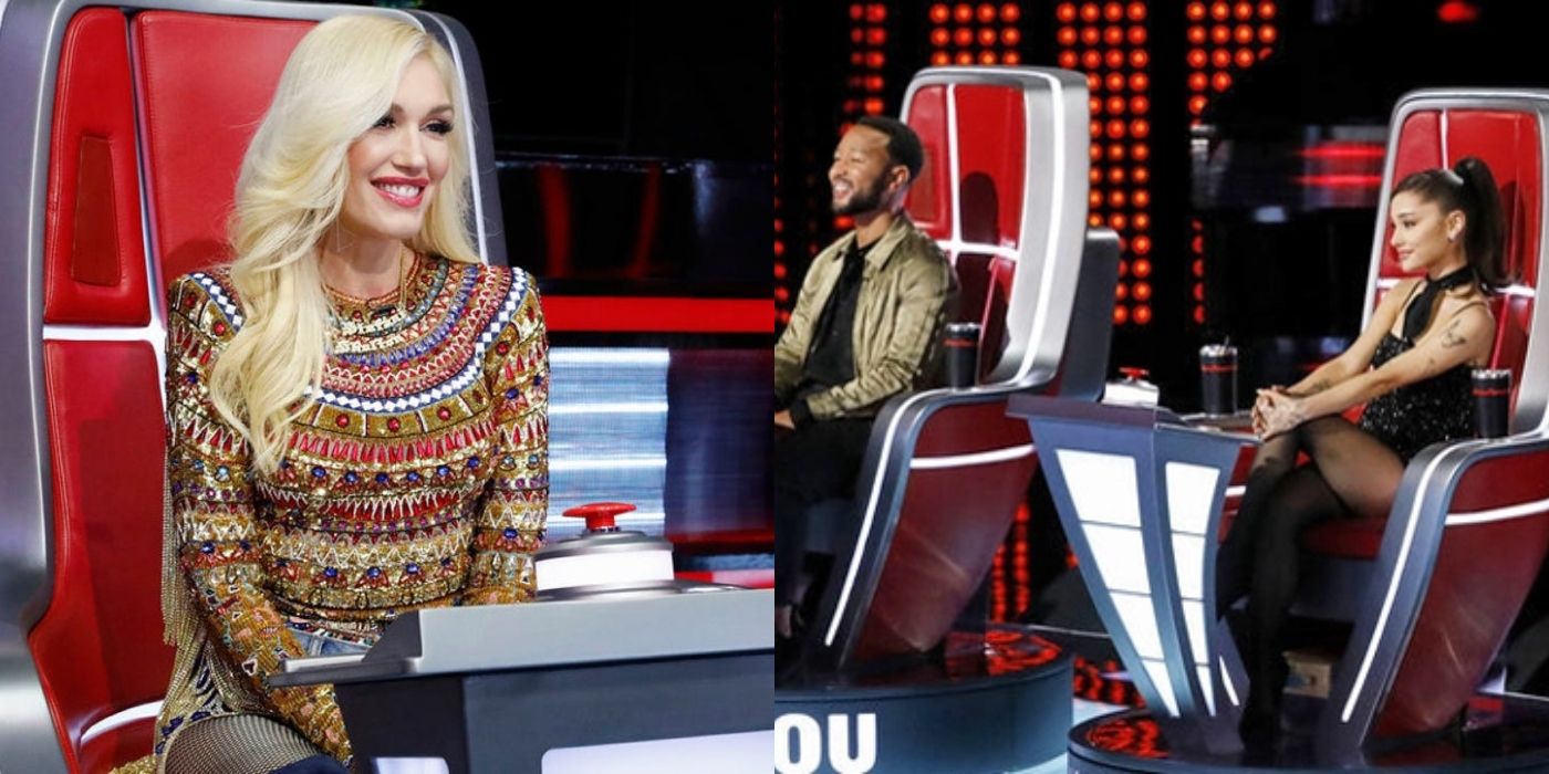 Split image of Gwen Stefani, John Legend, and Ariana Grande on The Voice