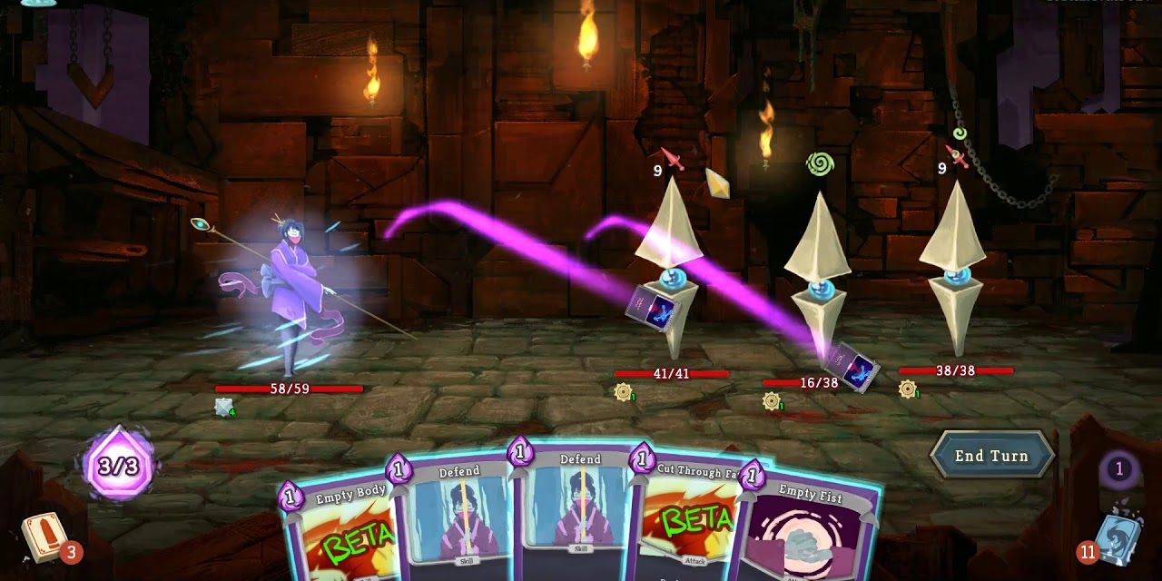 The Watcher attacks three enemies in Slay the Spire.