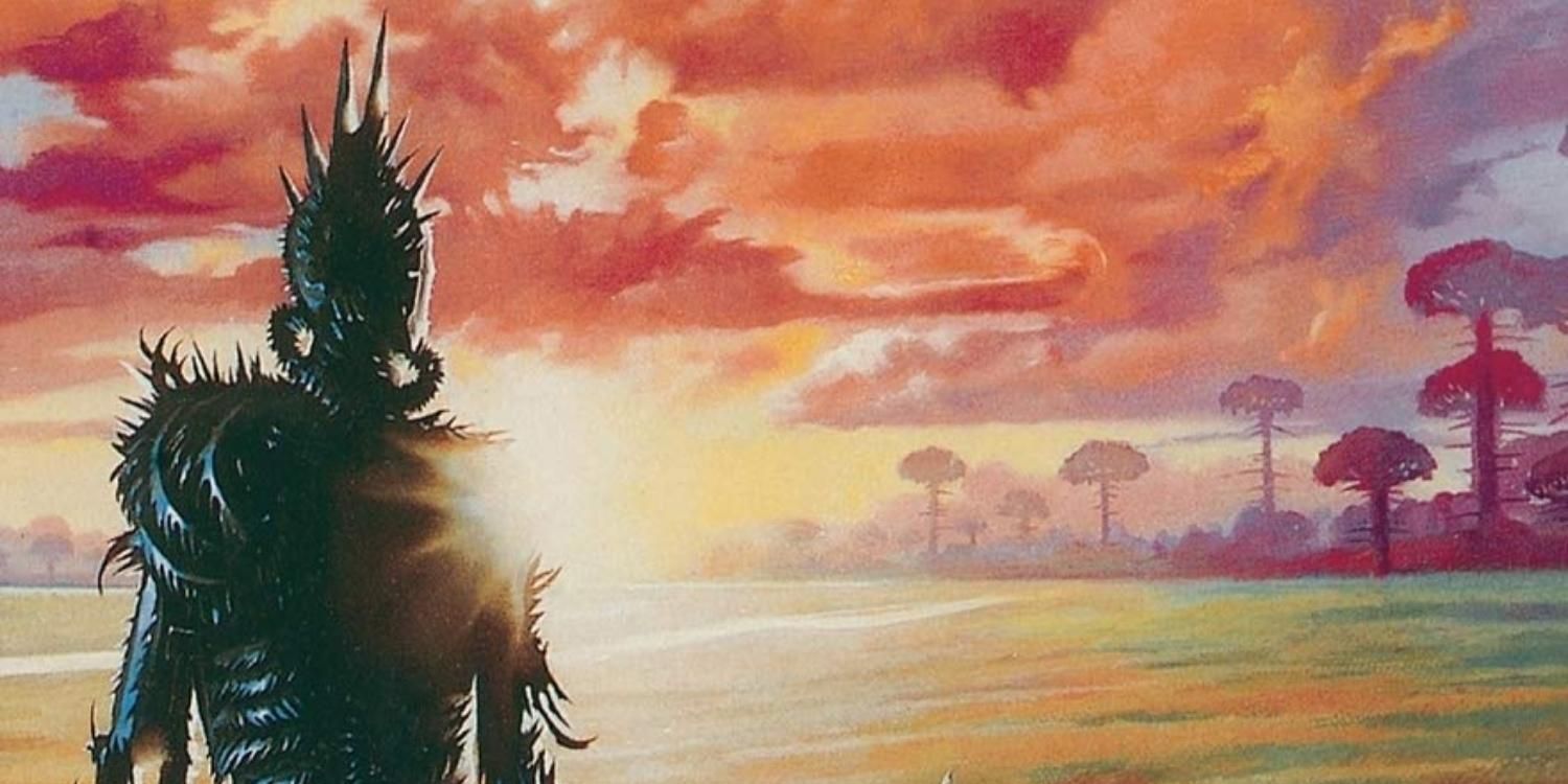 The cover of Hyperion with a colorful landscape and a creature in shadow