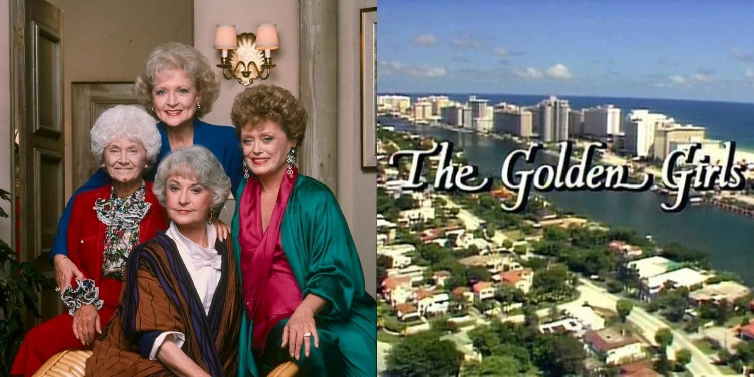 The four main cast memebers of the Golden Girls next to the show&#8217;s title card