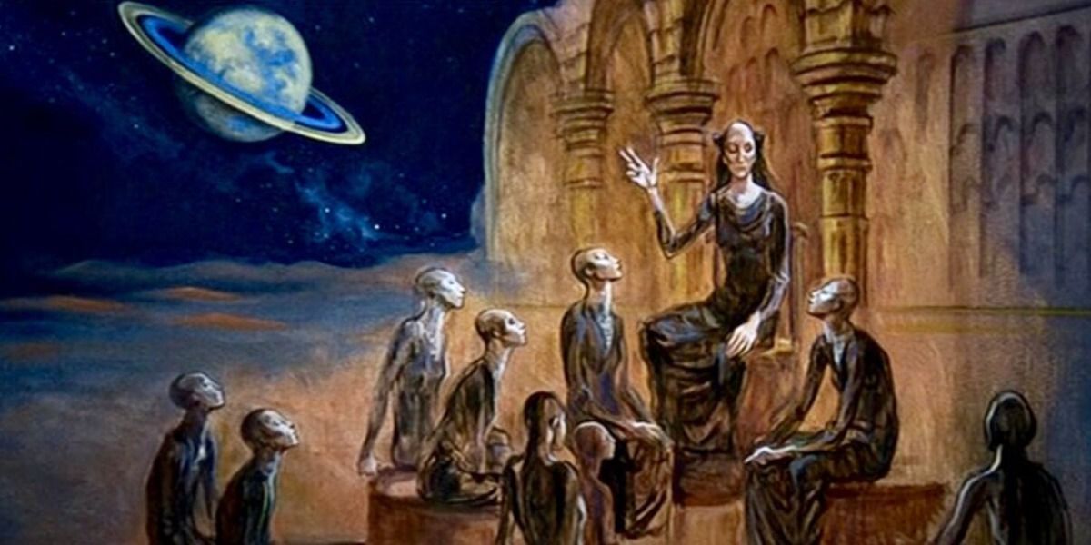 Sebuah ilustrasi Ibu Terhormat memberikan pengetahuan kepada kelompok penuh harapan Bene Gesserit di Dune