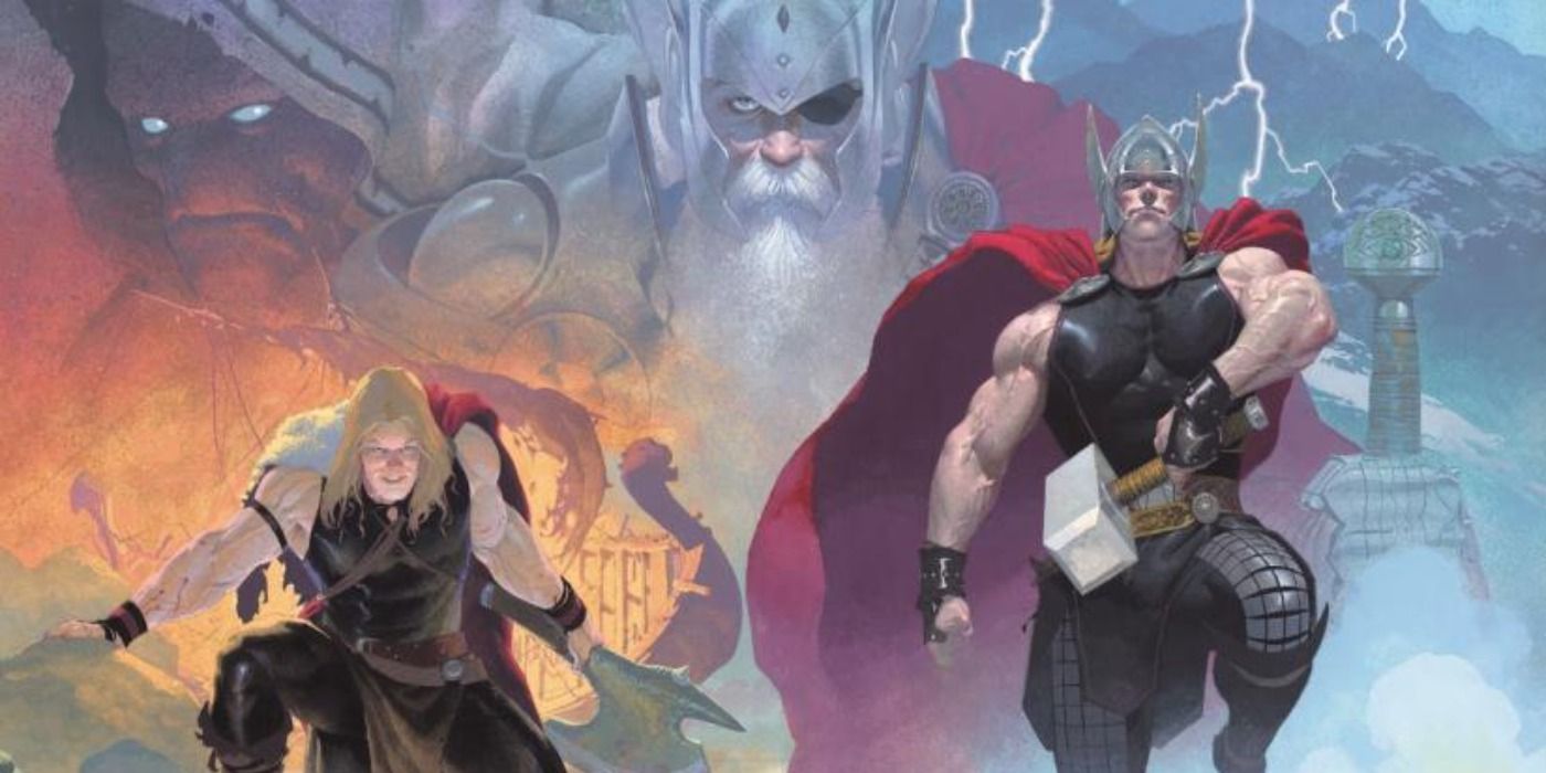 Three incarnations of Thor in the foreground and background in their arc against Gorr the God Butcher