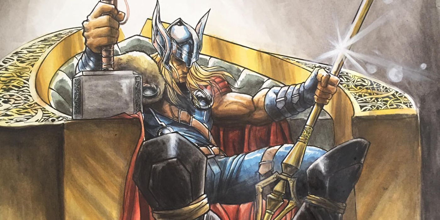 Thor sitting on his throne in Asgard