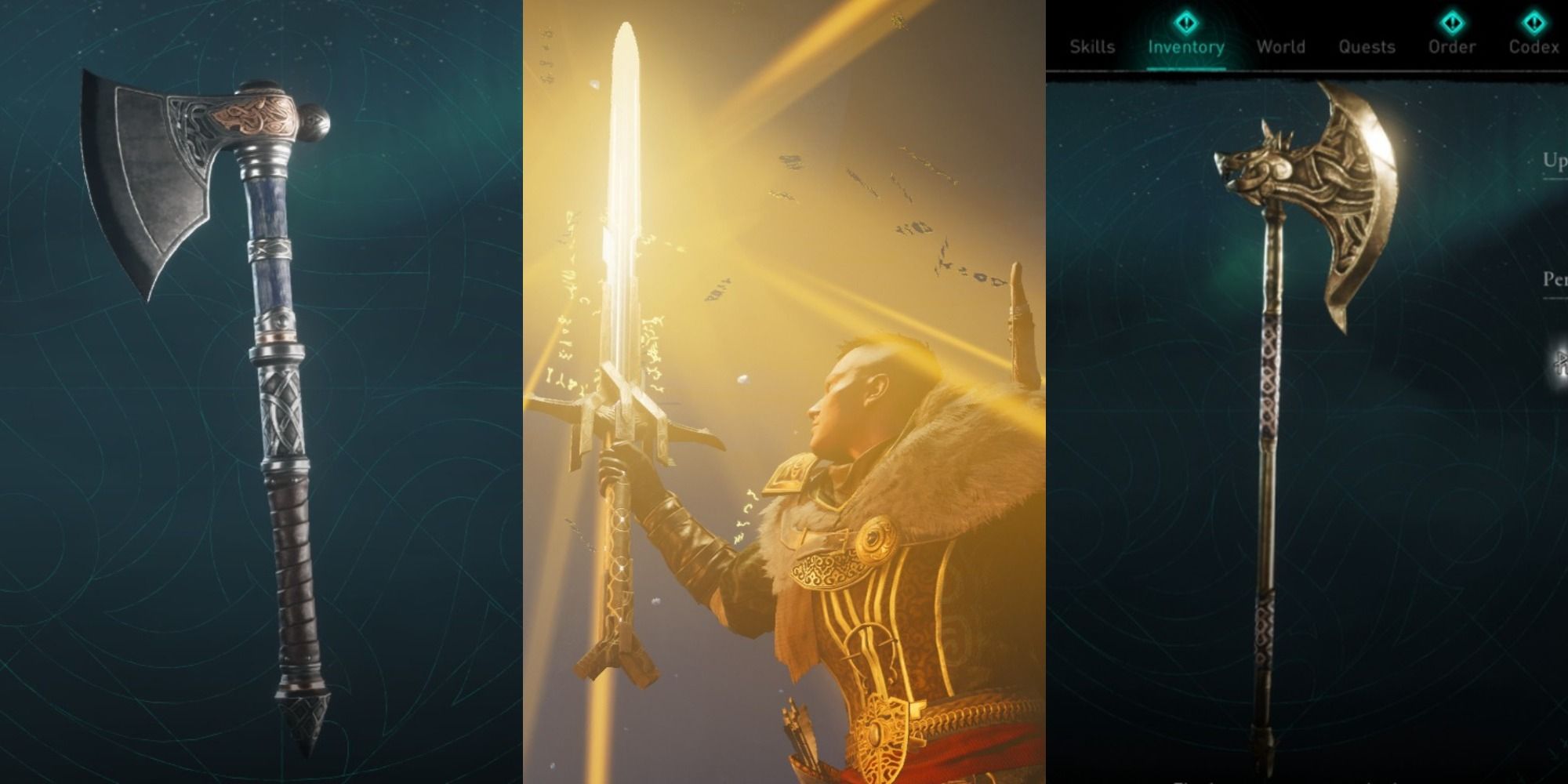 Split image of three Weapons From Assassins Creed Valhalla