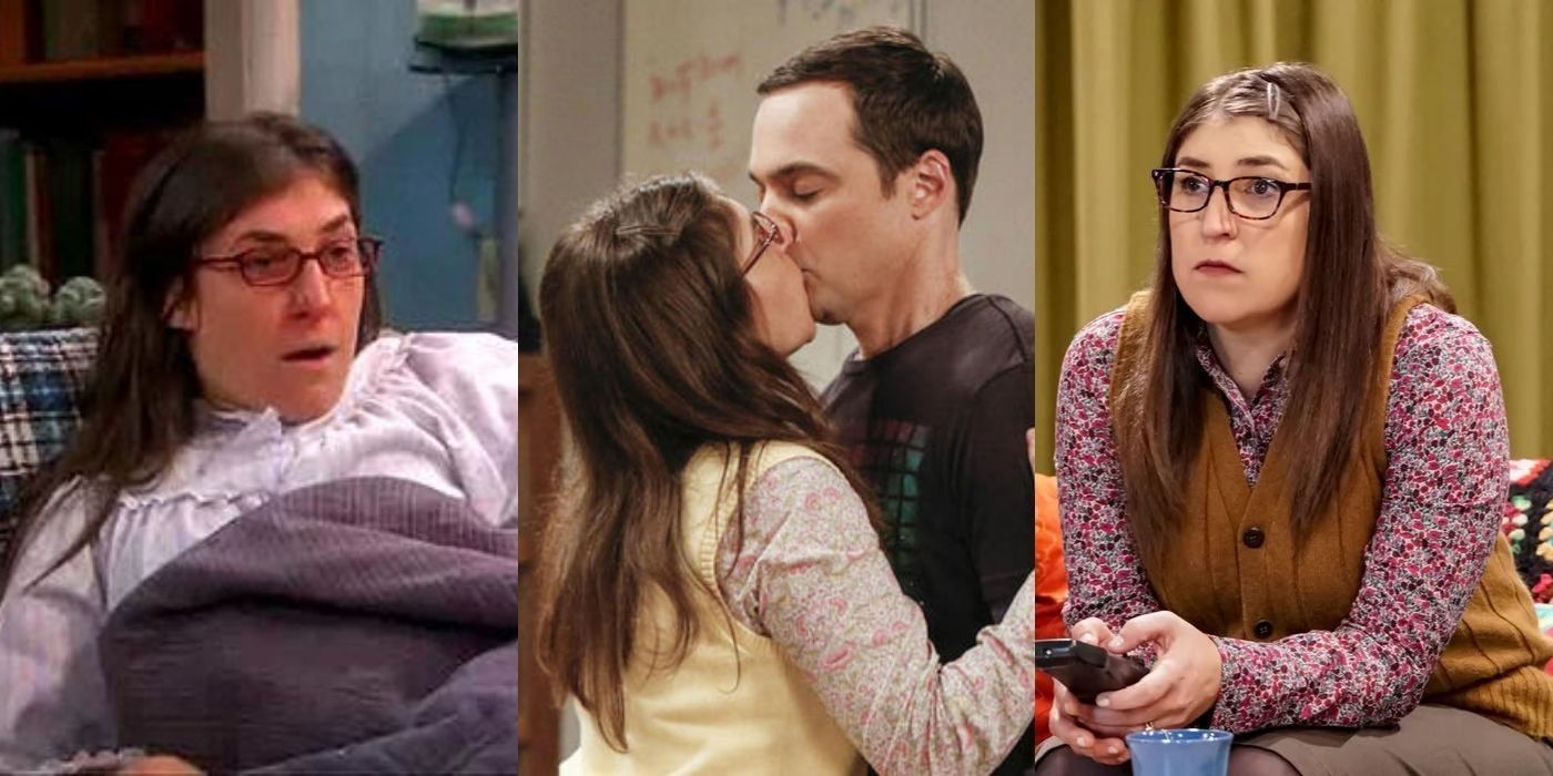 Three side by side images of Amy and Sheldon in different scenes on TBBT