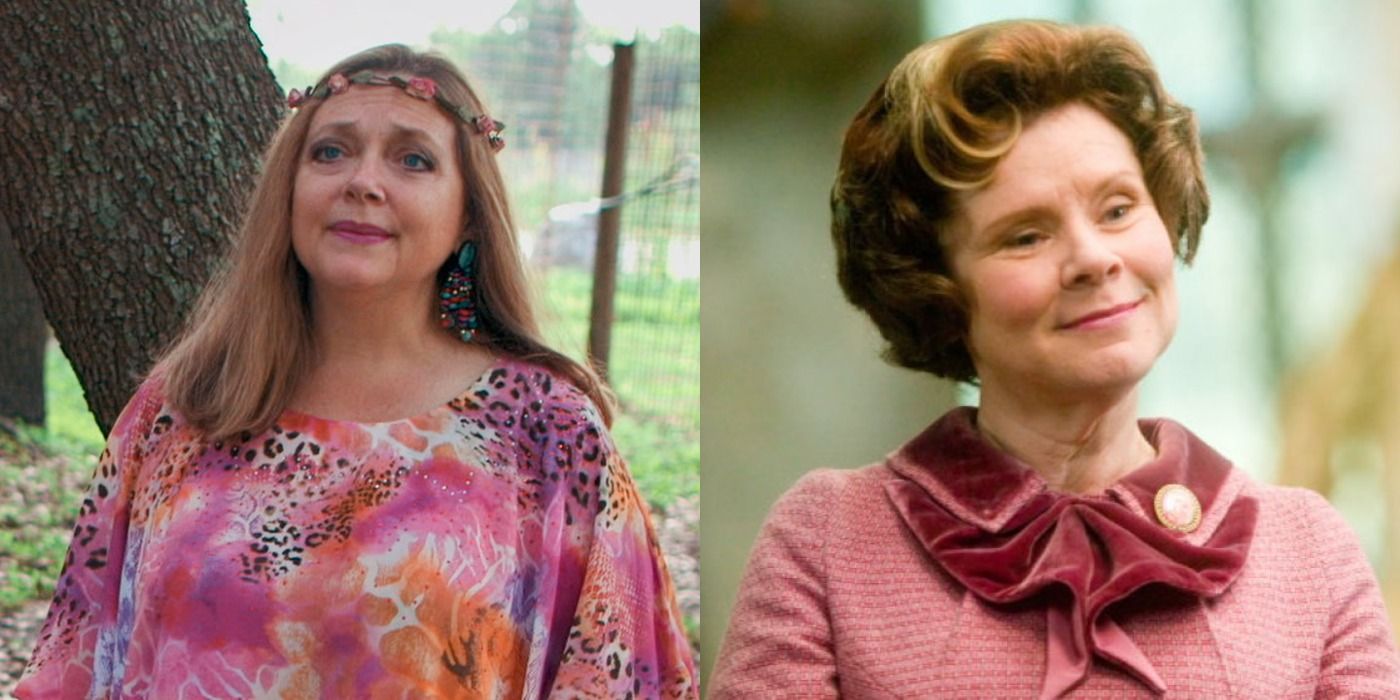 Split image showing Carole Baskin in Tiger King and Dolores Umbridge in HP and the Order of the Phoenix